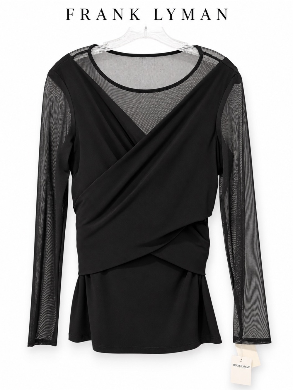 NWT Frank Lyman Black Mesh Sheer Sleeve Wrap Top Size 10